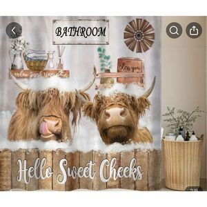 Highland cow Farmhouse shower curtain plus rugs toilet cover 4 piece set NWT Hel